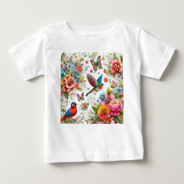 Benutzerdefinierte farbige Blume Vogelschmetterlin Baby T-shirt (Vorderseite)