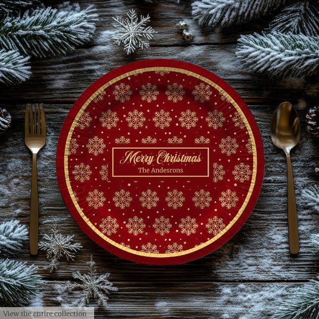Benutzerdefinierte Feiertags-Papierteller Rot Gold Pappteller (Custom Holiday Paper Plates Red Gold Monogram)