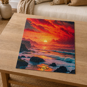Benutzerdefinierte feurige Sonnenuntergangs-Küsten Puzzle