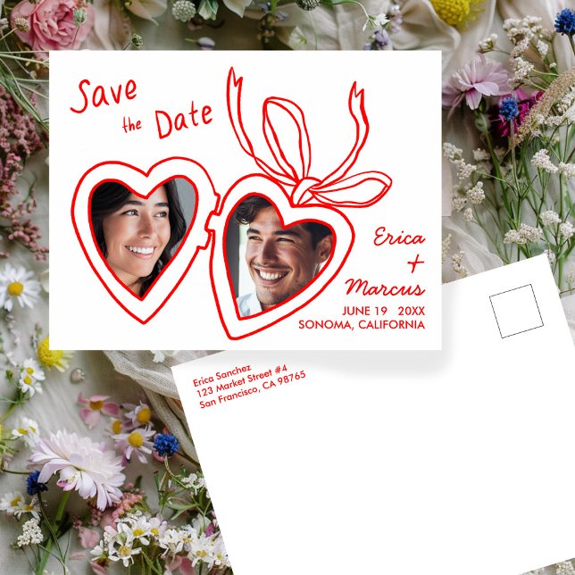 Benutzerdefinierte Foto für niedliche Herzlöcher S Postkarte (Cute Heart Locket Custom Photos Save the Date Postcard
Red and White Doodle Wedding Engagement)