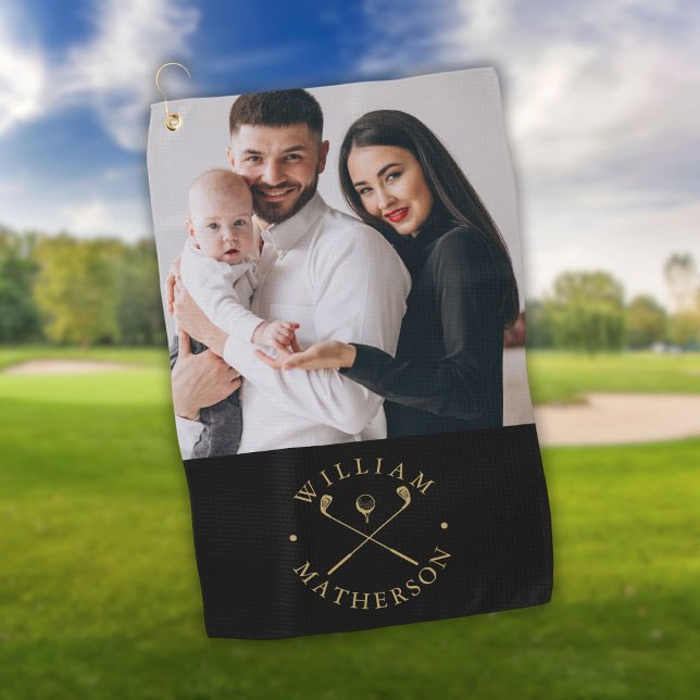 Benutzerdefinierte Foto-Namen-Clubs und Ball Black Golfhandtuch (Custom Photo Name Clubs And Ball Black And Gold Golf Towel)