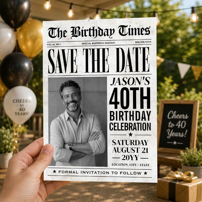 Benutzerdefinierte Geburtstagszeitung Save the Dat Date (Custom Birthday Newspaper Save the Date Photo Card)