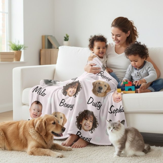 Benutzerdefinierte Gesichter für Muttertag für Kin Fleecedecke (Custom Mother's Day Funny Faces Kids Pets Names Fleece Blanket)