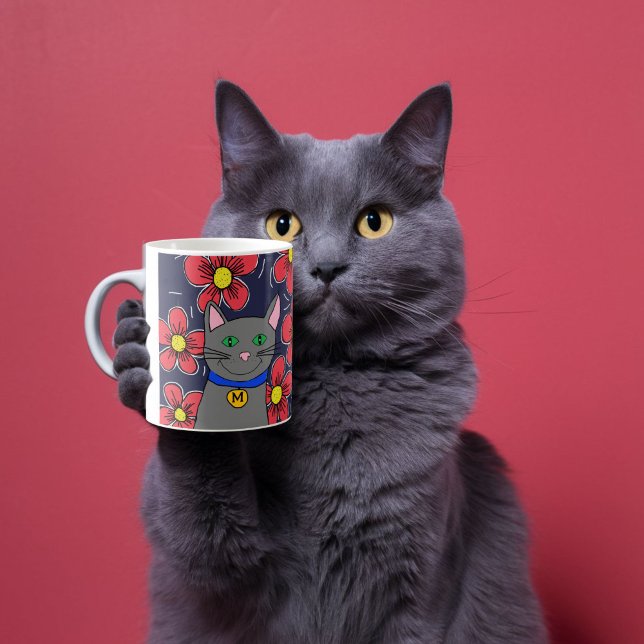 benutzerdefinierte graue Katze mit Blume personali Kaffeetasse (Von Creator hochgeladen)
