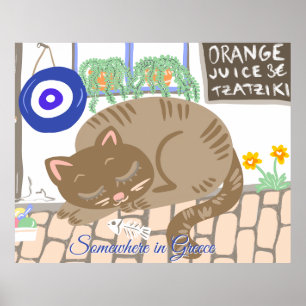 Benutzerdefinierte griechische Taverne Katze Mitte Poster