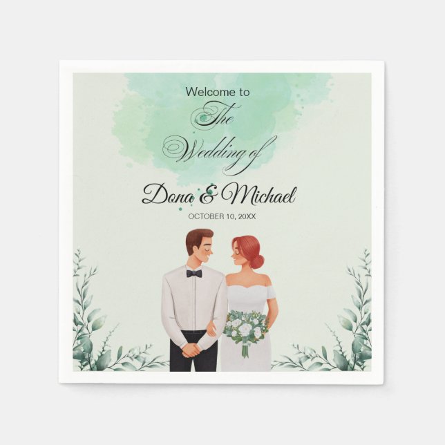 Benutzerdefinierte grüne Aquarell-Wedding-Fließend Serviette (Vorderseite)