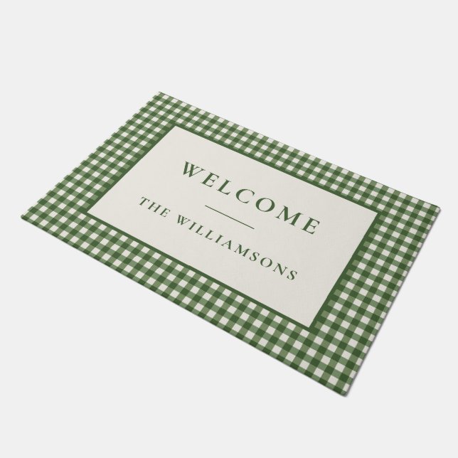 Benutzerdefinierte grüne Gingham-Karo-Weihnachtsfe Fußmatte (Schrägansicht)