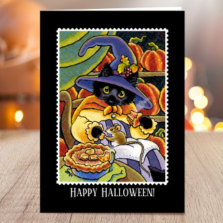 Benutzerdefinierte Halloween-Hexenkatze-Maus-Karte Karte