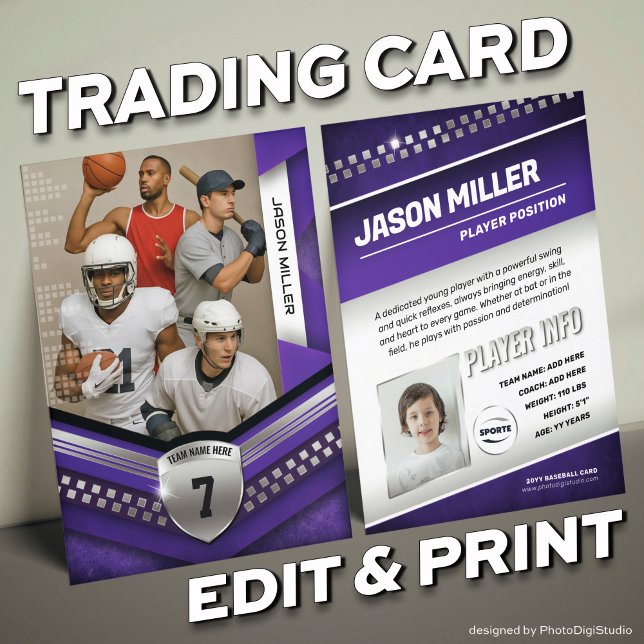 Benutzerdefinierte Handelskarte, Lila Vorlage für  Telefonnummerkarte (Custom Trading Card Template, All Sport Trading Card, Modern Purple Silver Design for All Sports)