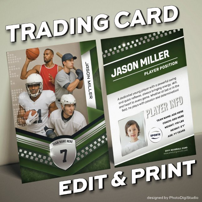 Benutzerdefinierte Handelskarte, Vorlage für grüne Telefonnummerkarte (Custom Trading Card Template, All Sport Trading Card, Modern Green Silver Design for All Sports)