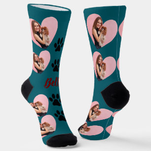 Benutzerdefinierte Haustier-2-Foto-Herz Weiße Pfot Socken