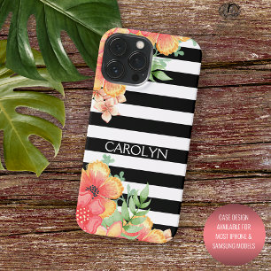 Benutzerdefinierte Hawaii-Blumen Schwarz-Weiß-Stre iPhone 16 Pro Max Hülle