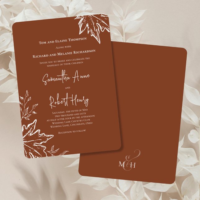 Benutzerdefinierte Hochzeit im Herbst im Herbst Einladung (Burgundy wedding invitation with fall leaves. )