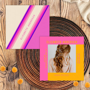Benutzerdefinierte Hot Pink Orange Retro Streifen Quadratische Visitenkarte