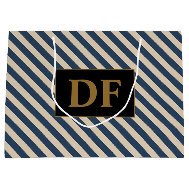 Benutzerdefinierte Initial Blau/Vanilla Stripes Große Geschenktüte (Vorderseite)