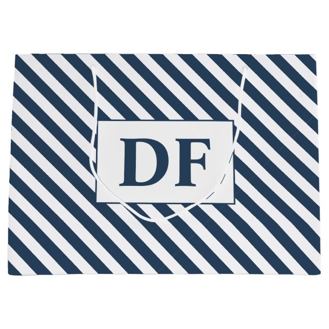 Benutzerdefinierte Initialen Blau/Weiße Streifen Große Geschenktüte (Vorderseite)