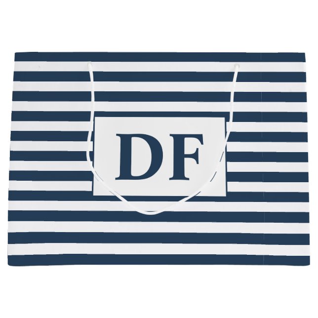 Benutzerdefinierte Initialen Blau/Weiße Streifen Große Geschenktüte (Vorderseite)