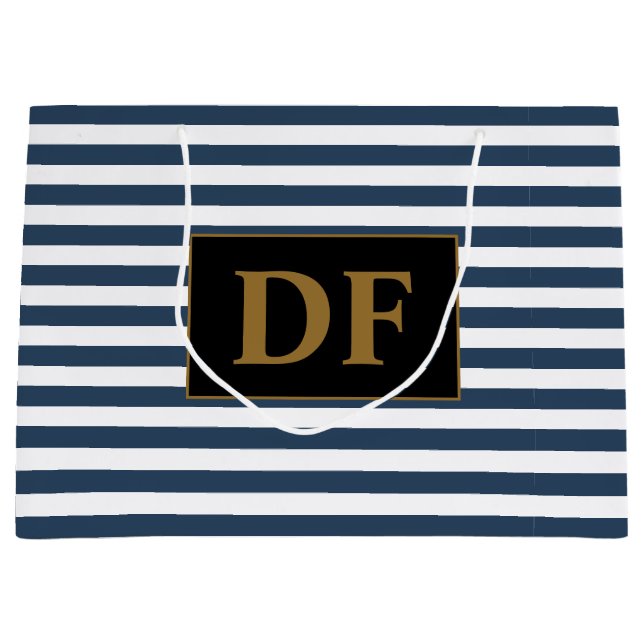 Benutzerdefinierte Initialen Blau/Weiße Streifen Große Geschenktüte (Vorderseite)