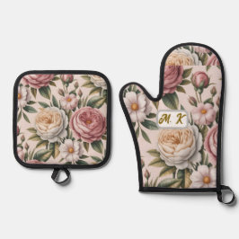 Benutzerdefinierte Initialen chic vintage Rosen co Ofenhandschuh & Topflappen-Set