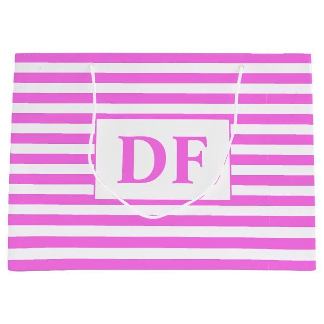 Benutzerdefinierte Initialen Rosa/Weiße Streifen Große Geschenktüte (Vorderseite)