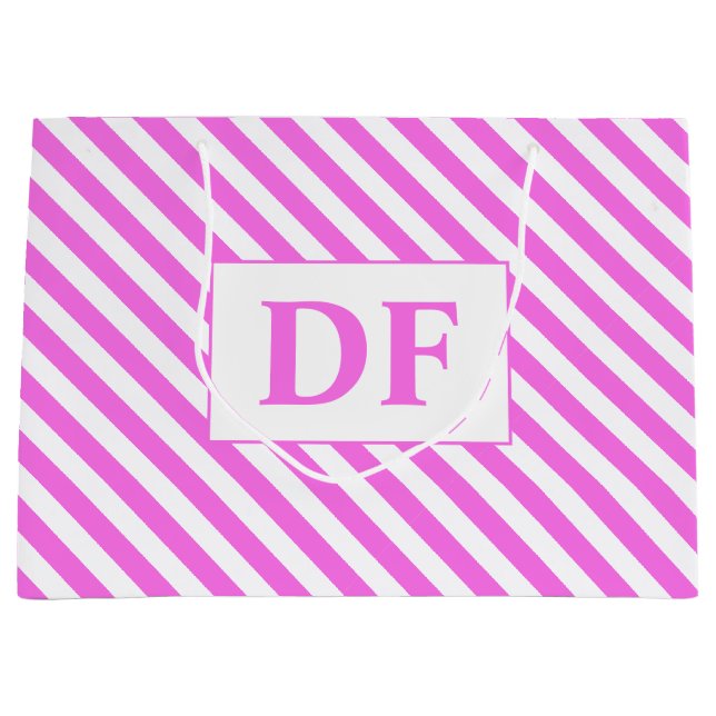 Benutzerdefinierte Initialen Rosa/Weiße Streifen Große Geschenktüte (Vorderseite)
