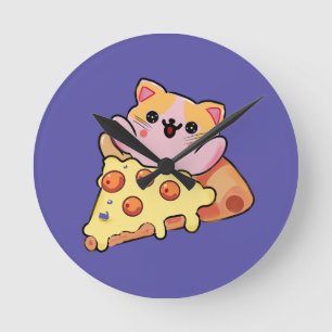 Benutzerdefinierte Kawaii-Katze, die Pepperoni-Piz Runde Wanduhr