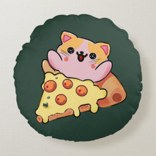 Benutzerdefinierte Kawaii-Katze, die Pepperoni-Piz Rundes Kissen