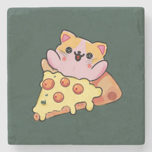 Benutzerdefinierte Kawaii-Katze, die Pepperoni-Piz Steinuntersetzer