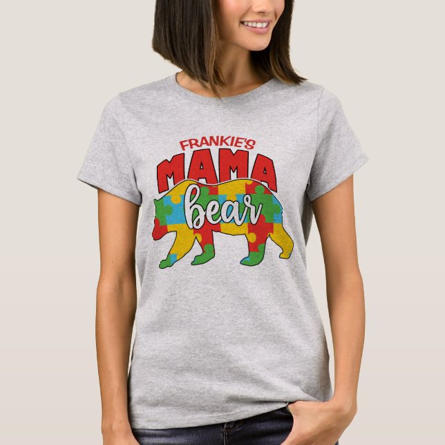 Benutzerdefinierte Kinder NAME Mama Bear Autismus  T-Shirt (Vorderseite)