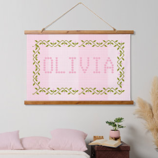 Benutzerdefinierte Kreuzstich-Rosa-Gestreifte-Kind Wandteppich Mit Holzrahmen