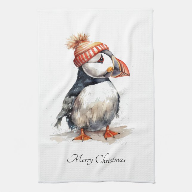 Benutzerdefinierte Küsten-Weihnachts-Puffin-Winter Geschirrtuch (Vertikal)