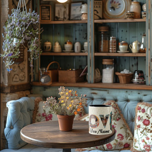 Benutzerdefinierte LIEBE Foto Collage & Name, beig Zweifarbige Tasse