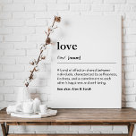 Benutzerdefinierte Liebe mit Nachnamen-Wörterbuch Leinwanddruck<br><div class="desc">Mit diesem hochwertigen Leinwand-Print entsteht ein personalisierter Zuhause-Akzent: Eine Definition von Liebe mit individuellen Namen. Sie können den Familiennamen, die Paarnamen oder sogar die Kindernamen unten angeben. Minimalistische Wörterbuch schwarze Typografie, sauber und einfach Design. Personalisieren Sie die Definition von Liebe - oder beschreiben Sie sogar ein anderes Wort mit Bedeutung...</div>