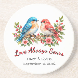 Benutzerdefinierte Liebesvögel Aquarell-Hochzeit J Getränkeuntersetzer