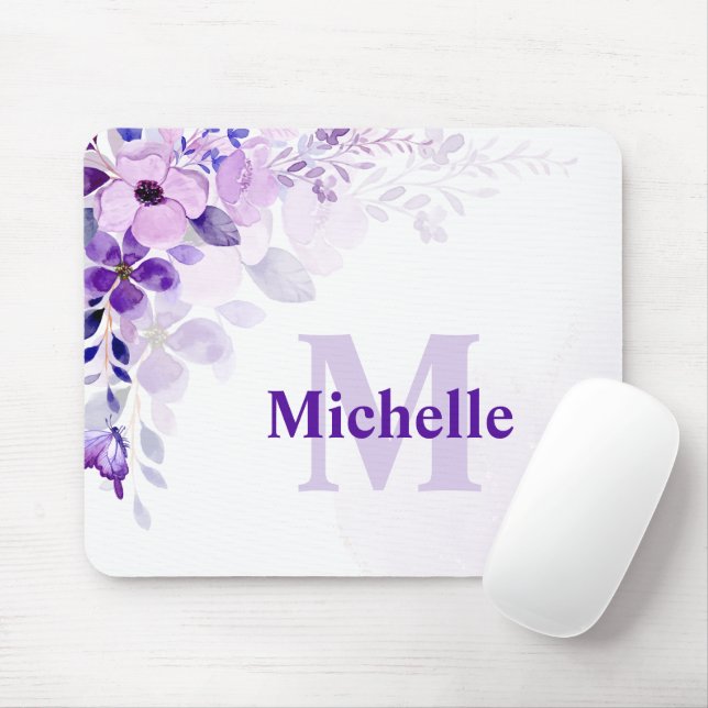 Benutzerdefinierte Lila Blume mit Name und Monogra Mousepad (Mit Mouse)