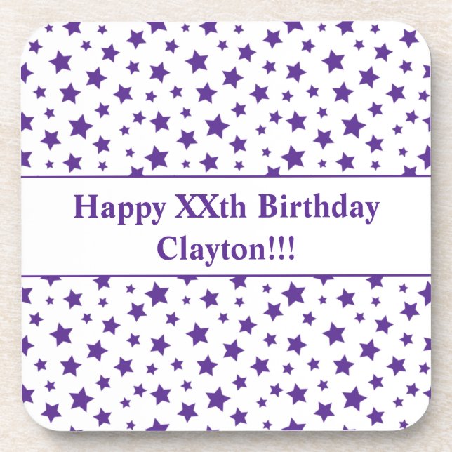 Benutzerdefinierte Lila Sterne mit Geburtstagspart Getränkeuntersetzer (Vorderseite)
