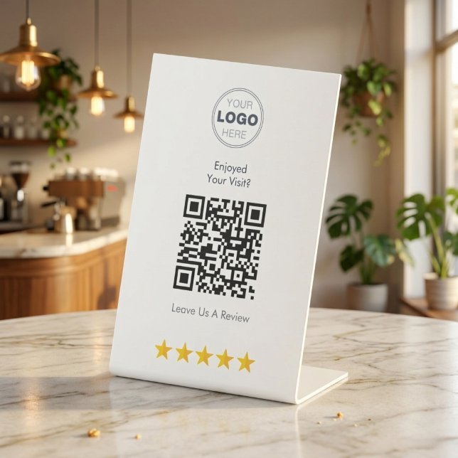 Benutzerdefinierte Logo-QR-Code-Geschäftsbewertung Sockelschild (5-Star Reviews Made Easy! ⭐ Custom QR Code Table Tents)