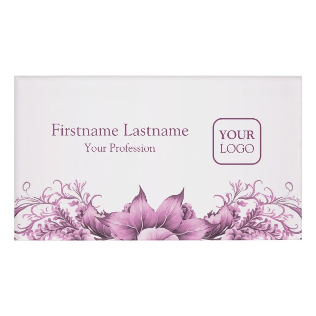 Benutzerdefinierte Logo-Rosa-Blume rahmen elegant  Namenschild (Vorderseite)