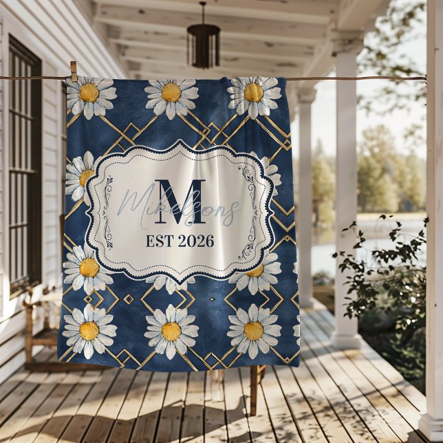 Benutzerdefinierte Marine-Daisy-Gingham-Monogramm- Fleecedecke (Von Creator hochgeladen)