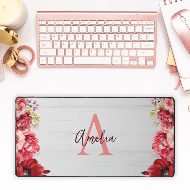 Benutzerdefinierte Mit Monogramm Elegante Rote Blu Schreibtischunterlage (Custom Monogrammed Elegant Red Flower Desk Mat
)
