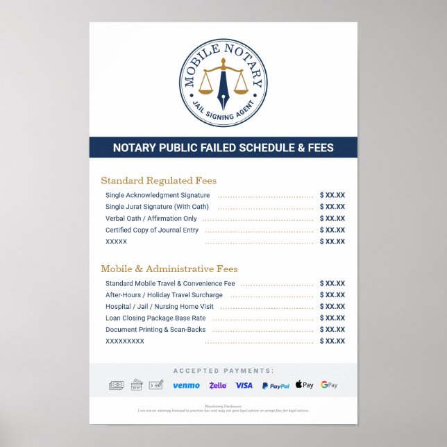 Benutzerdefinierte mobile Notar-Gebührentabelle Pr Poster (Vorne)