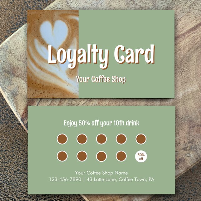 Benutzerdefinierte moderne Eukalyptus-Kaffee-Cafe- Treuekarte (Add your own words to this coffee shop loyalty card template. Eucalyptus green and modern script.
)