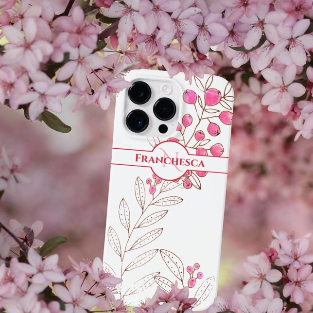 Benutzerdefinierte Monogram Name Blätter Rosa Berr Case-Mate iPhone Hülle (Easy to personalize pink berries iPhone case. )