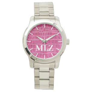 Benutzerdefinierte Monogramm-Hot-Pink-Imitate Krok Armbanduhr