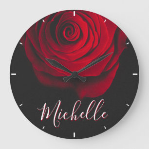 Benutzerdefinierte Monogramm-rote Rose Vintages Fo Große Wanduhr