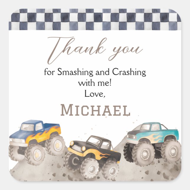 Benutzerdefinierte Monster Truck Geburtstagsaufkle Quadratischer Aufkleber (Vorderseite)