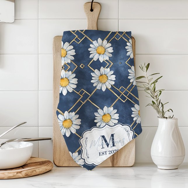 Benutzerdefinierte Navy-Daisy-Gingham-Monogramm-De Geschirrtuch (Von Creator hochgeladen)