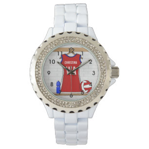 Benutzerdefinierte Netball-Uniform Rot mit Blau un Armbanduhr