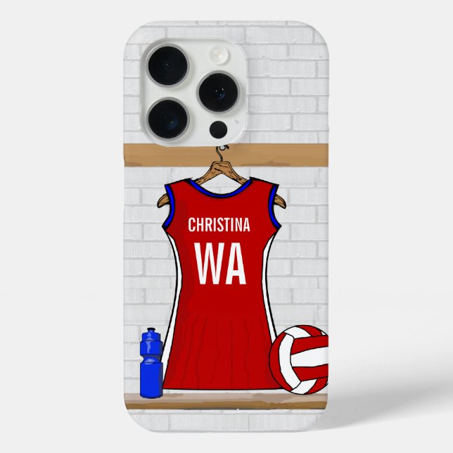 Benutzerdefinierte Netball-Uniform Rot mit Blau un Case-Mate iPhone Hülle (Rückseite)