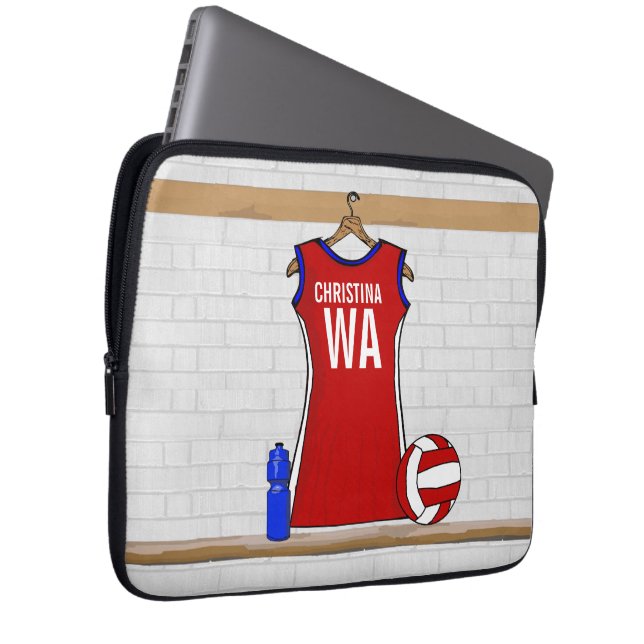 Benutzerdefinierte Netball-Uniform Rot mit Blau un Laptopschutzhülle (Vorne Rechts)